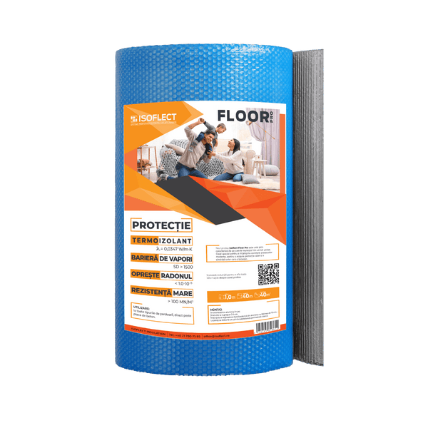 Rolă Isoflect Floor Pro 40 m² cu etichetă de produs și instrucțiuni de instalare