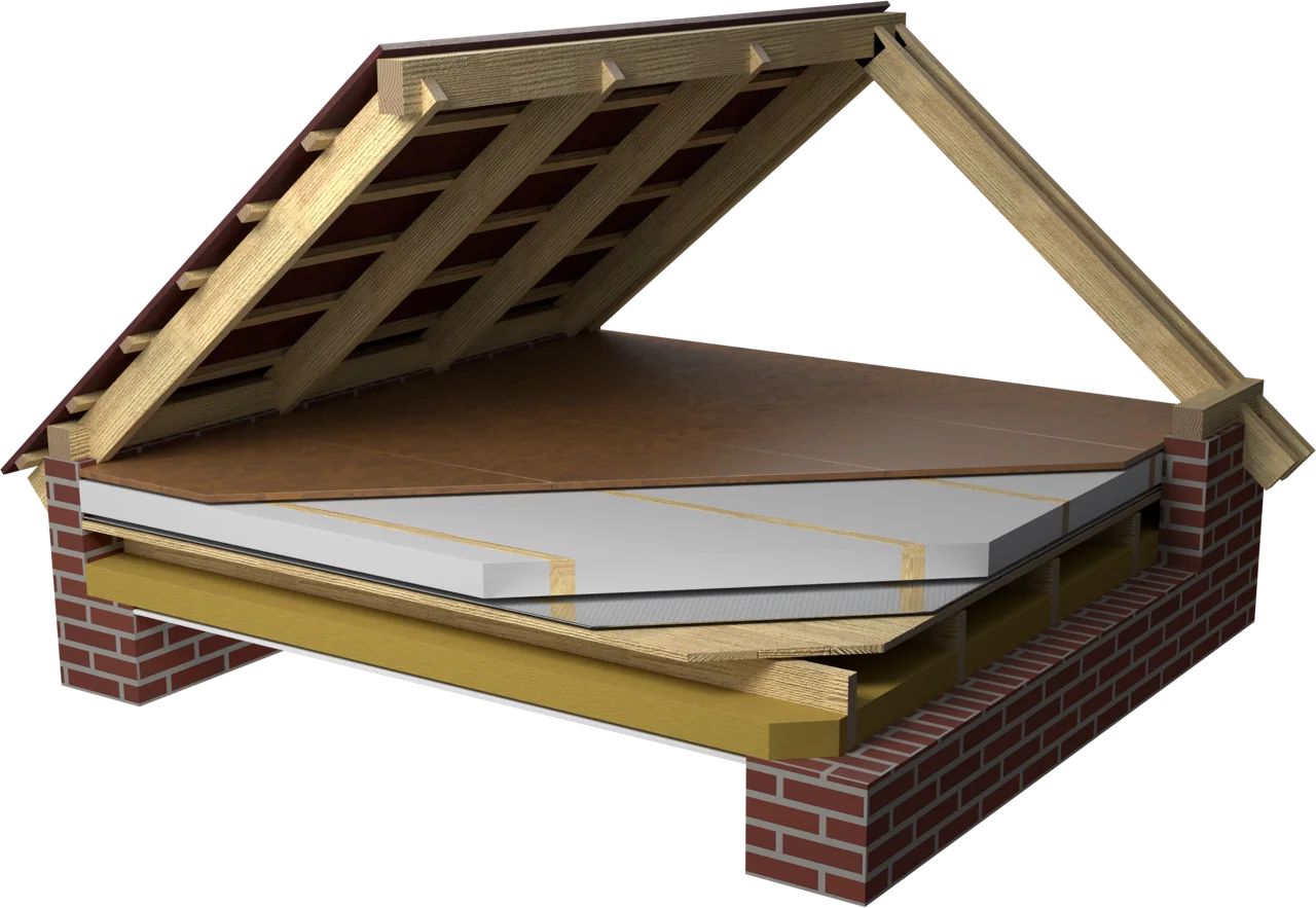 Timber floor slab in the unheated attic, with walkable boarding